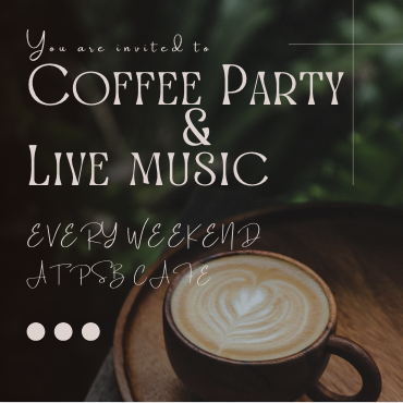 A lively coffee party with live music playing in the background, creating a vibrant and energetic atmosphere.